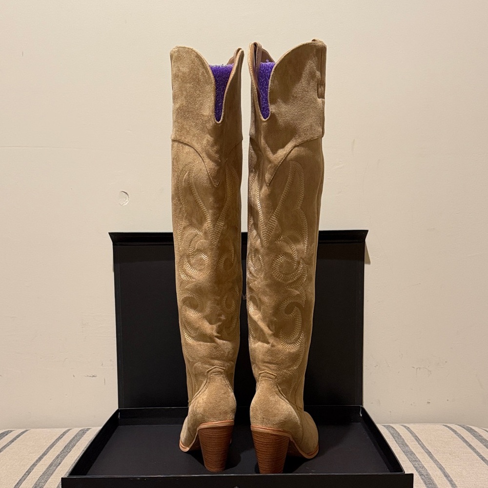 Isnom Tan Faux Suede Over the Knee-High Boots - Picture 8 of 13